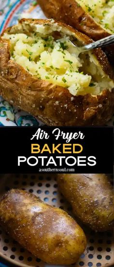 baked potatoes on a plate with text overlay