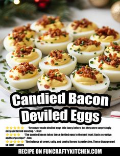 an advertisement for deviled eggs with bacon on them and holiday decorations in the background