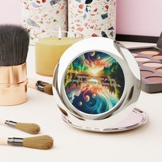 This personalized compact mirror is the perfect makeup gadget for touching up on the go. Made to be travel-friendly, cute, and shiny, it comes with a secure-snap friction closure, a sleek round shape and a metal finish for extra stylish points. Put your designs on the white metal insert and create the perfect travel makeup mirror. .: Secure snap friction closure .: Material: Metal case with interior dual glass mirrors .: Customizable white metal insert Personalized Compact Mirror, Fantasy Make-up, Travel Makeup Mirror, Starry Night Art, Compact Mirror Personalized, Space Jewelry, Glass Mirrors, Travel Mirror, Christmas Penguin