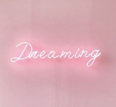 a pink wall with the word dreaming written in cursive white writing on it