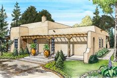 this is an artist's rendering of a house in the country side with potted plants