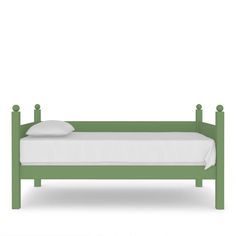 a green bed frame with white sheets and pillows on the bottom, against a white background