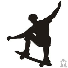 the silhouette of a skateboarder is shown on a white and blue background,