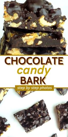 chocolate candy bark is stacked on top of each other with the words chocolate candy bark above it