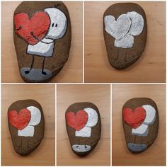 four different pictures of rocks with hearts painted on them