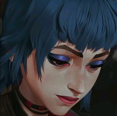 a close up of a person with blue hair and black eyeliners on their face