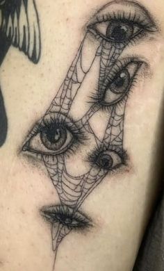 a close up of a person's leg with an eye and spider web on it