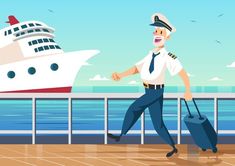 a man in uniform is walking with luggage near the ocean while a cruise ship passes by