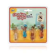 three plastic figurines in the shape of people with hats and cactuses on them