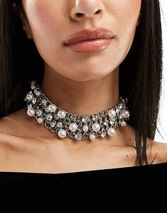 ASOS DESIGN choker with mixed faux pearl and crystal link design in silver tone | ASOS Elegant Alloy Chain Necklace For Wedding, Party Jewelry With Beaded Alloy, Party Jewelry Beaded Alloy, Party Beaded Alloy Jewelry, Party Beaded Alloy Necklace, Alloy Chain Choker For Party, Party Alloy Chain Choker, Beaded Metal Rhinestone Necklace For Parties, Alloy Choker For Party