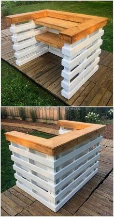 an outdoor table made out of pallets and wooden planks is shown in two different views