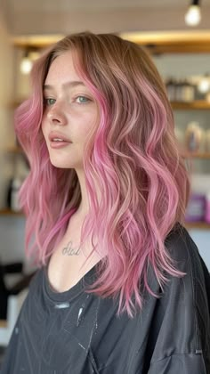 Cool Pink Hair Dye Ideas, Pink Temporary Hair Color, Pink Hair Bottom Half, Lived In Pink Hair, Bronde Balayage With Pink, Partial Pink Hair, Color Block Hair Pink, Dirty Blonde And Pink Hair, Light Brown Hair Pink Highlights