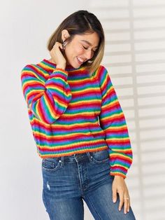 Stay cozy and bright in our Rainbow Striped Long Sleeve Sweater. Perfect for chilly days, this sweater will keep you comfortably warm while making a statement with its vibrant stripes. A fun and playful addition to any wardrobe. Features: Basic style Stretch: Moderate stretch Material composition: 100% polyester Care instructions: Machine wash cold. Tumble dry low. Imported Product measurements:S:Bust 39.37 in, Sleeve Length 25.98 in, Top Length 16.93 inM:Bust 40.94 in, Sleeve Length 26.38 in, T Striped Color Block Sweater For Winter, Winter Striped Color Block Sweater, Trendy Striped Knitted Sweater, Trendy Rainbow Sweater For Fall, Multicolor Long Sleeve Fun Sweater, Colorful Playful Sweater For Fall, Fun Multicolor Long Sleeve Sweater, Fun Multicolor Spring Sweater, Playful Multicolor Winter Sweater