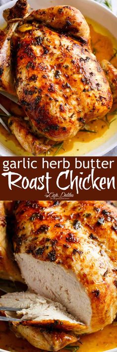 garlic herb butter roast chicken on a plate