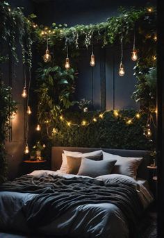 a bed with lights hanging from the ceiling and plants growing on the wall above it