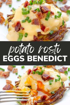 potato rosti eggs benedict with bacon and green onions on a white plate topped with a fork