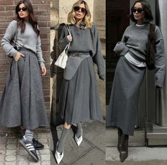 Gray Skirt Outfit, Grey Outfits, Grey Maxi Skirts, Casual Fashion Trends, Trendy Outfit Ideas, Over 60 Fashion, Italy Outfits, Office Outfits Women