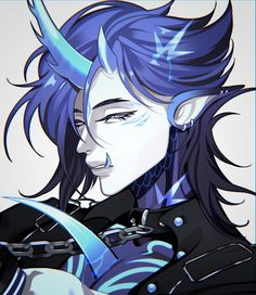 an anime character with blue hair and horns