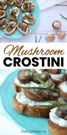 mushroom crostini with cream cheese and chives on a blue plate next to mushrooms