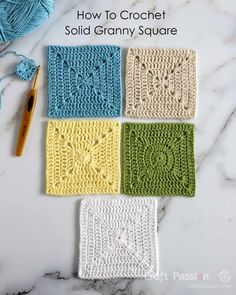 four crocheted squares with the words, how to crochet solid granny square