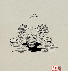 a drawing of a skull floating in water with flowers on it's head and the number 22