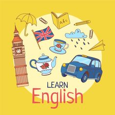 an english language poster with various things in the shape of a circle, including a blue car and a clock tower