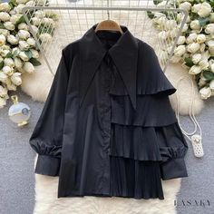 Lasaky - Womens Fashion Blouse: Irregular Design Bubble Sleeve with Ruffled Hem Black Pleated Blouse For Spring, Black Pleated Top For Fall, Elegant Black Pleated Blouse, Abaya Designs Latest, Ladies Fashion Casual, Long Shirt Women, Ruffle Hem Blouse, Shirt Blouses Women's, Modest Fashion Hijab