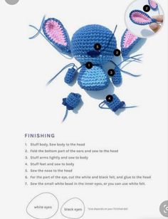 a crocheted stuffed animal is shown with instructions for how to sew it