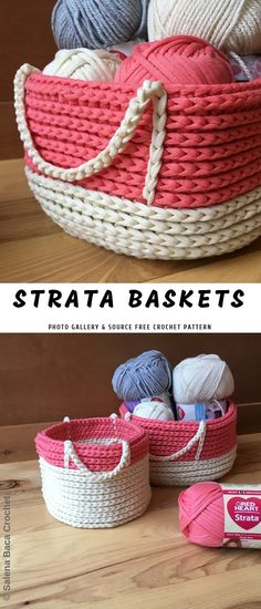 two baskets with balls of yarn in them