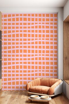 Image of a pink and orange abstract geometric wallpaper Colorful Modern Wall Art, Pink And Orange Interior Design, Pink Wall Painting Ideas, Pops Of Color Decor, Orange Wall Mural, Pink Orange Wallpaper, Painted Wallpaper, Simple Abstract, Orange Wallpaper