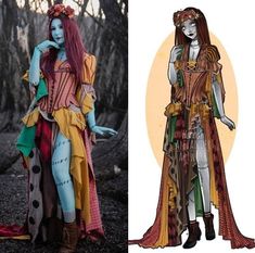 two pictures of women dressed in costumes and one is wearing a costume made out of clothes