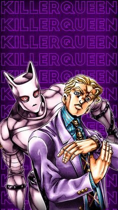 an image of a man with a cat on his shoulder and the words killer queen written below him