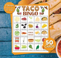 the taco bingo game is displayed on a wooden table