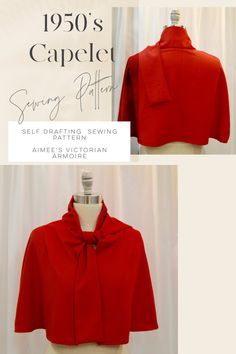 a red capelet on a mannequin with the text sewing pattern 1950's capelet