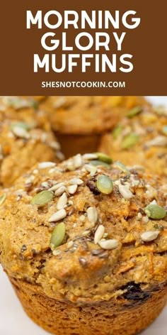 some muffins are on a plate with the words morning glory muffins above them