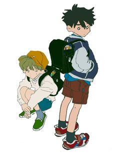 two young boys with backpacks on their backs, one is sitting down and the other is standing up