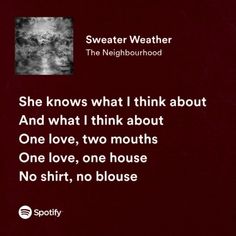 a quote from sweater weather that reads she knows what i think about and what i think about one love, two mouths