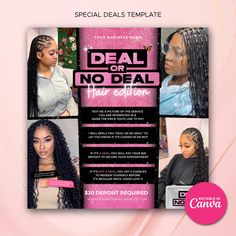 Boost your Black Friday promotions with a customizable Black Friday Hair Bookings Template and Hairstylist Boutique Black Friday Sales Flyers designed for social media. This editable Canva template bundle includes Instagram content, Black Friday flyer sets, and Cyber Monday flyer designs tailored for hair businesses, nail techs, lash techs, and beauty boutiques. This DIY template is perfect for showcasing sleek Black Friday Instagram templates, PMU deals, and Pink Friday sales, these are ideal f Hairstyles Flyer Design, Hair Raffle Flyer, Hair Gel Flyer, Hair Model Needed Flyer, Flyers For Hairstylist, Deal Or No Deal Hair Flyer, Bring A Friend Hair Deal Flyer, Hair Sales Flyer, Hair Deals Flyer