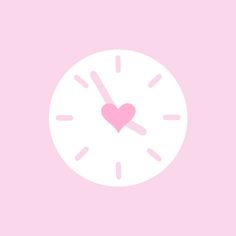 a pink and white clock with a heart on it's face, against a light pink background