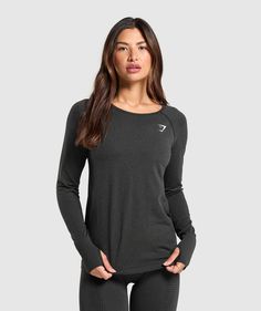 Gymshark Vital Seamless 2.0 Light Long Sleeve Top - Black Marl | Gymshark Gymshark Vital Seamless Long Sleeve, Closet Gym, Gymshark Outfit, Gymshark Long Sleeve, Gymshark Vital Seamless, Sports Outfits, Construction Machines, Running Gear, Fit Body