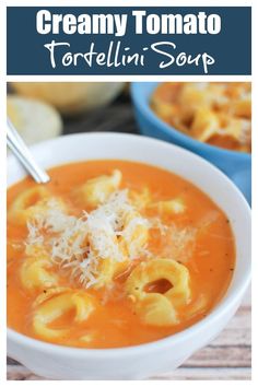 creamy tomato tortellini soup in a white bowl