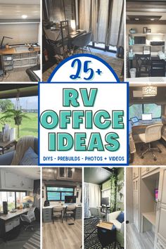 rv office ideas with pictures of the inside and outside rooms, including couches, desks, chairs, cabinets