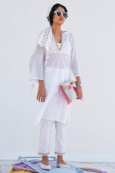 PEONIA KURTA-PANT SET COTTON - Trendroots Summer Festive Kurta With 3/4 Sleeves, Spring V-neck Chikankari Embroidered Sets, Spring Chikankari Embroidery V-neck Set, Casual Sets With Chikankari Embroidery For Summer, Spring Festive V-neck Kurta, Traditional Spring Beach Sets, Traditional Beach Sets For Spring, Festive V-neck Kurta For Spring, Festive Spring V-neck Kurta