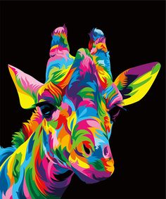 a colorful giraffe is shown on a black background