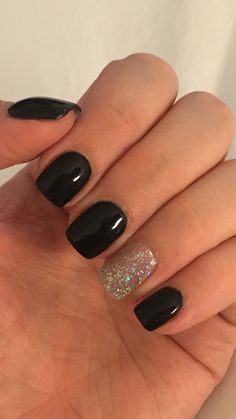 Black Gel Manicure Designs, Black Acrylic Nails Ideas Short, Cute Short Black Acrylic Nails, Nail Ideas Dipped, Cute Hoco Nails For Black Dress, Hoco Nails For Black Dress, Dip Nails Black, Black Nails With Accent Nail, Black Dipped Nails Ideas