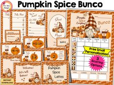 the pumpkin spice bunco game is on display in front of an orange and white background