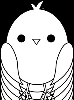 a black and white drawing of a bird with two eyes on it's face