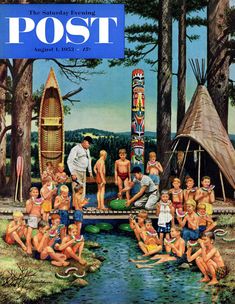 the cover of post magazine shows children playing in front of a lake and teepees