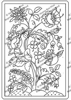 a coloring page with flowers and plants in the center, on top of a sheet of paper