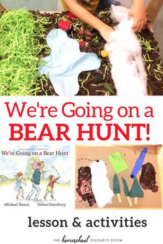 there is an advertisement for a bear hunt with children playing in the grass and making crafts